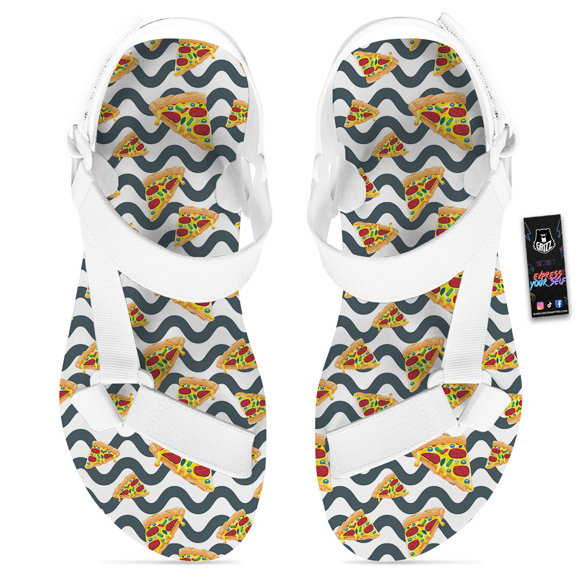Pizza Zigzag Print Pattern White Open Toe Sandals-grizzshop