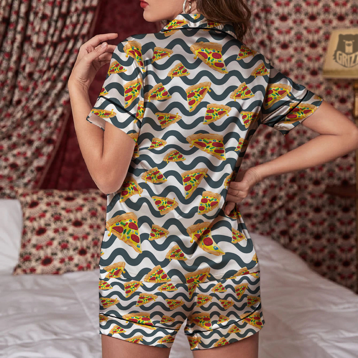 Pizza Zigzag Print Pattern Women Silk Pajamas-grizzshop