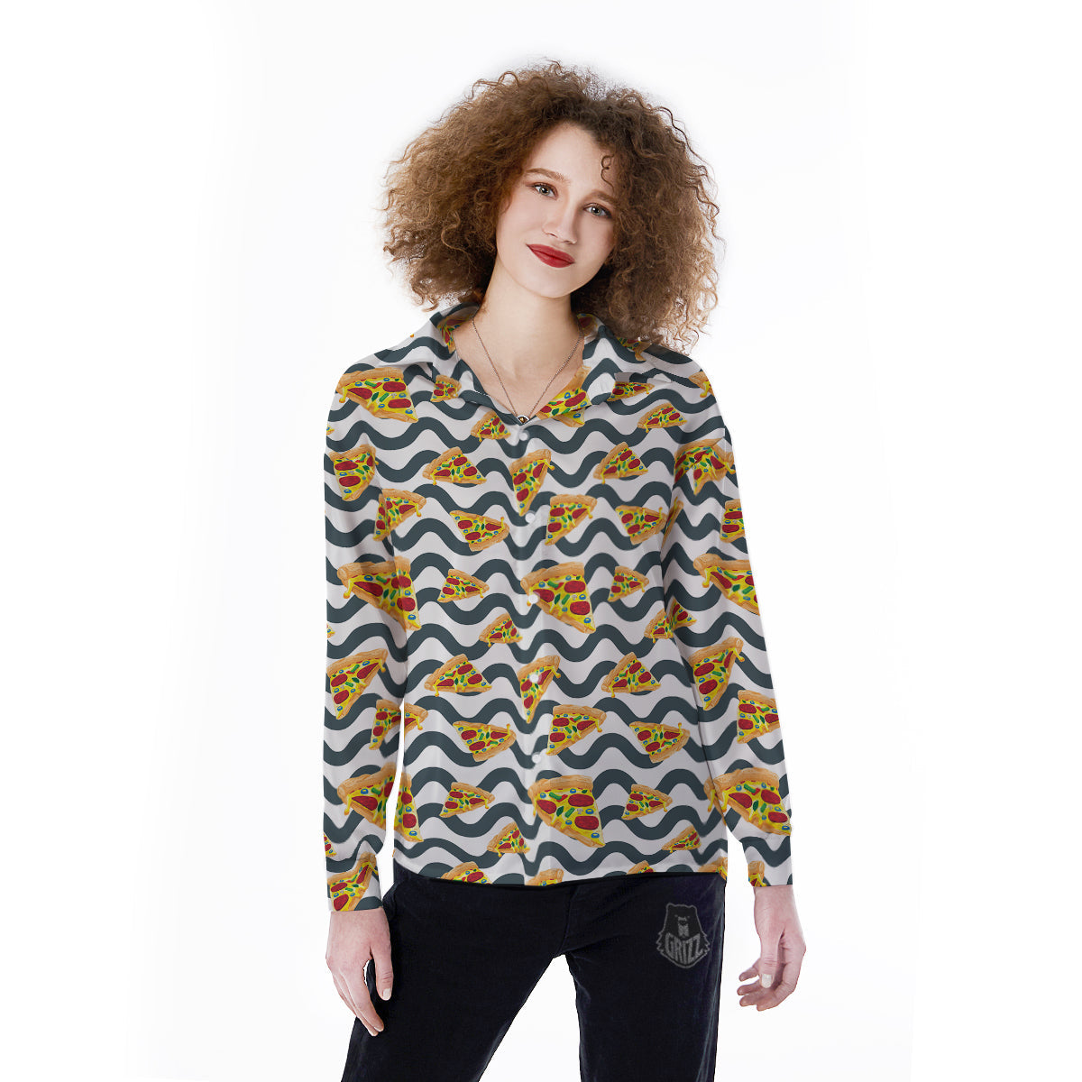 Pizza Zigzag Print Pattern Women's Long Sleeve Shirts-grizzshop