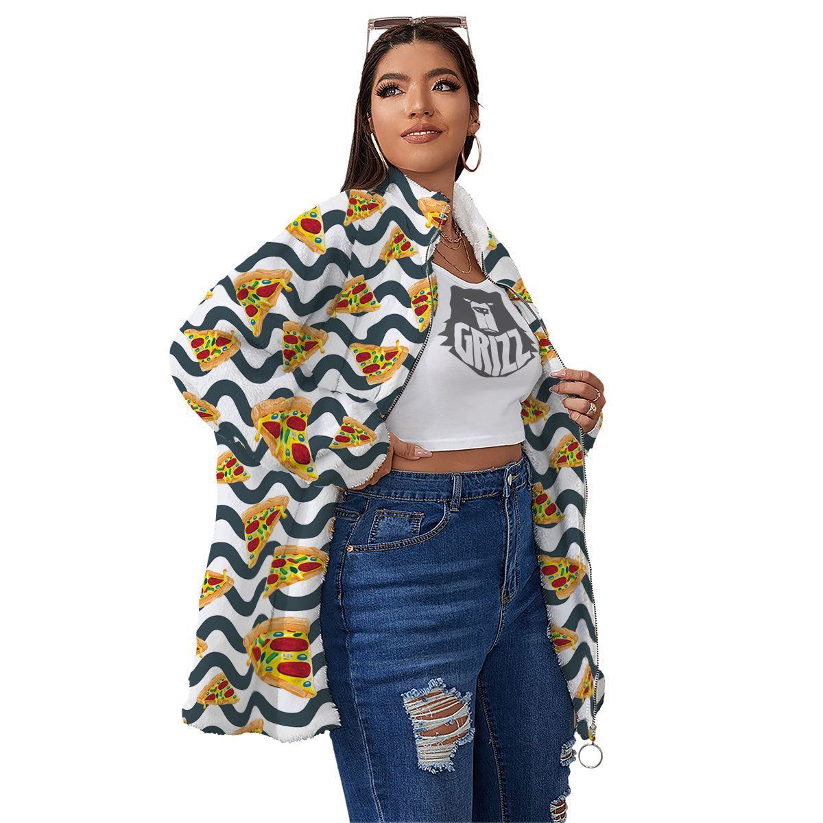 Pizza Zigzag Print Pattern Women's Sherpa Jacket-grizzshop