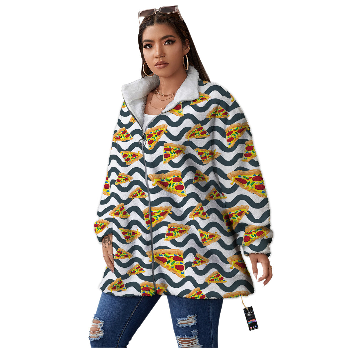 Pizza Zigzag Print Pattern Women's Sherpa Jacket-grizzshop