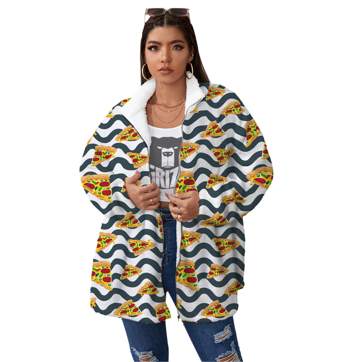 Pizza Zigzag Print Pattern Women's Sherpa Jacket-grizzshop