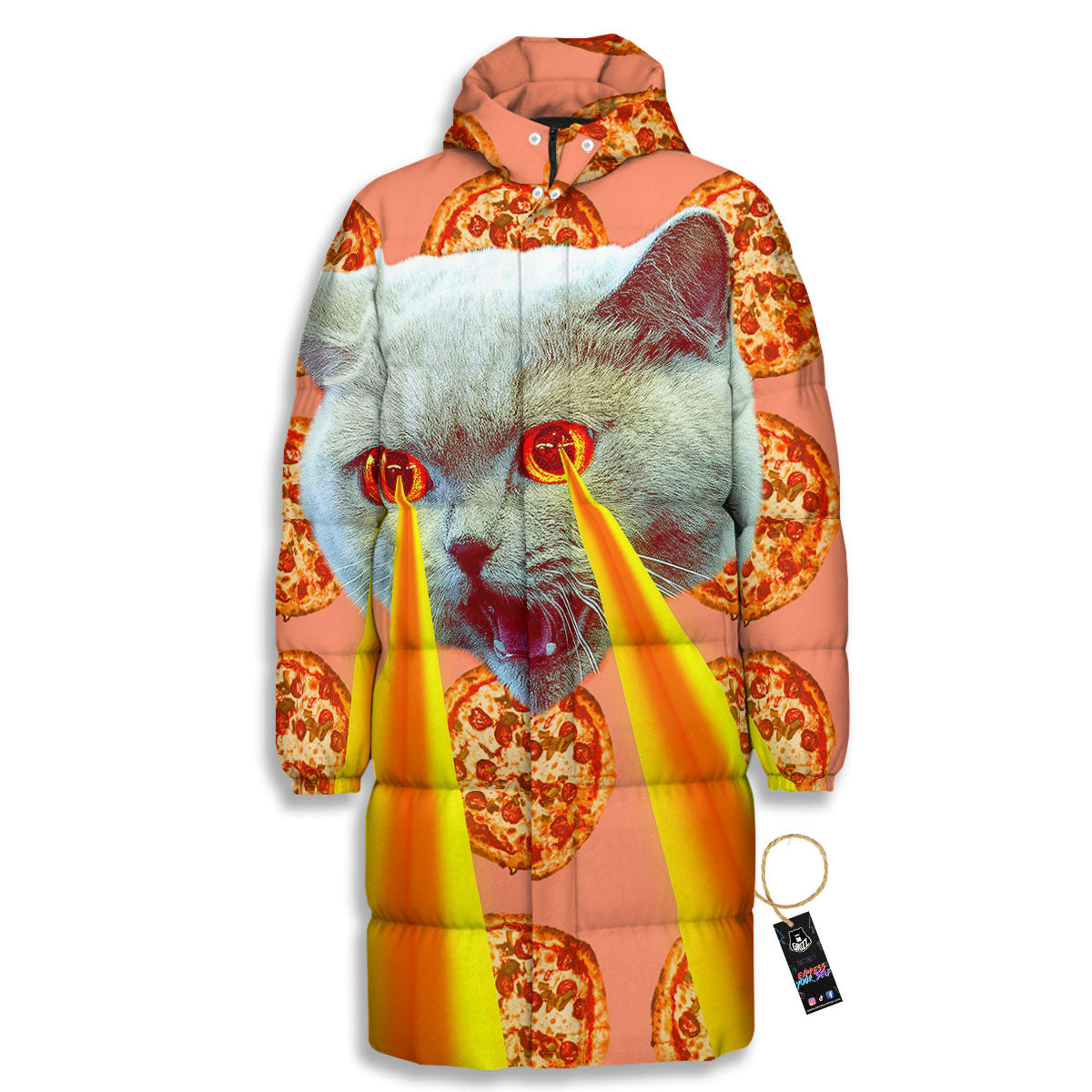 Pizza And Cat Print Long Down Jacket