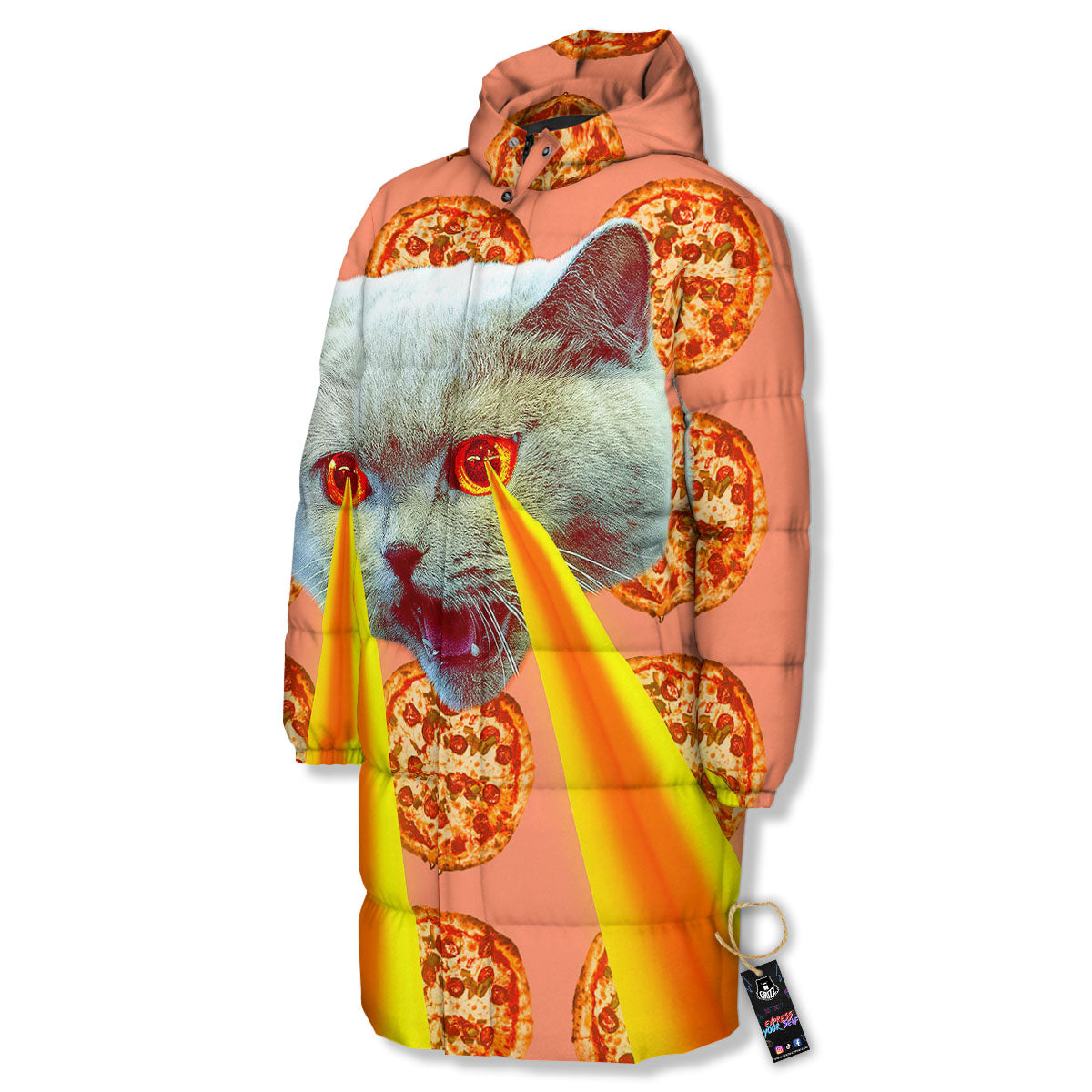 Pizza And Cat Print Long Down Jacket