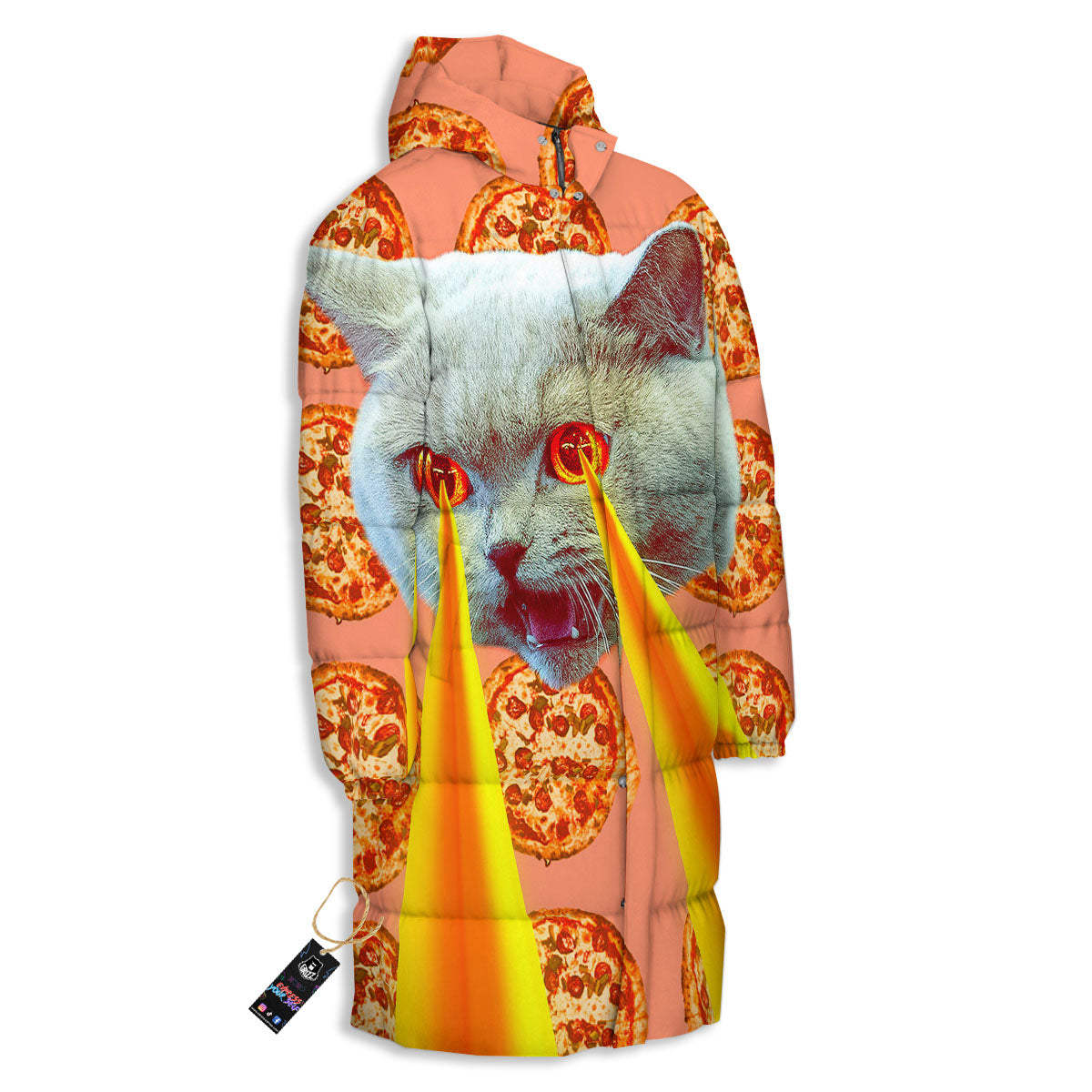Pizza And Cat Print Long Down Jacket
