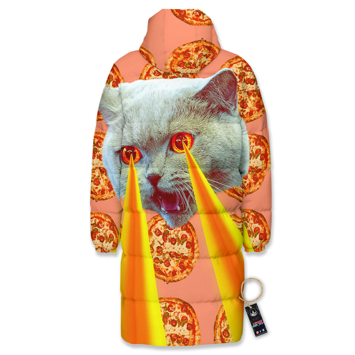 Pizza And Cat Print Long Down Jacket