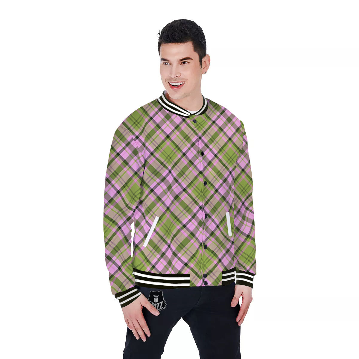 Plaid Green And Pink Print Pattern Baseball Jacket-grizzshop