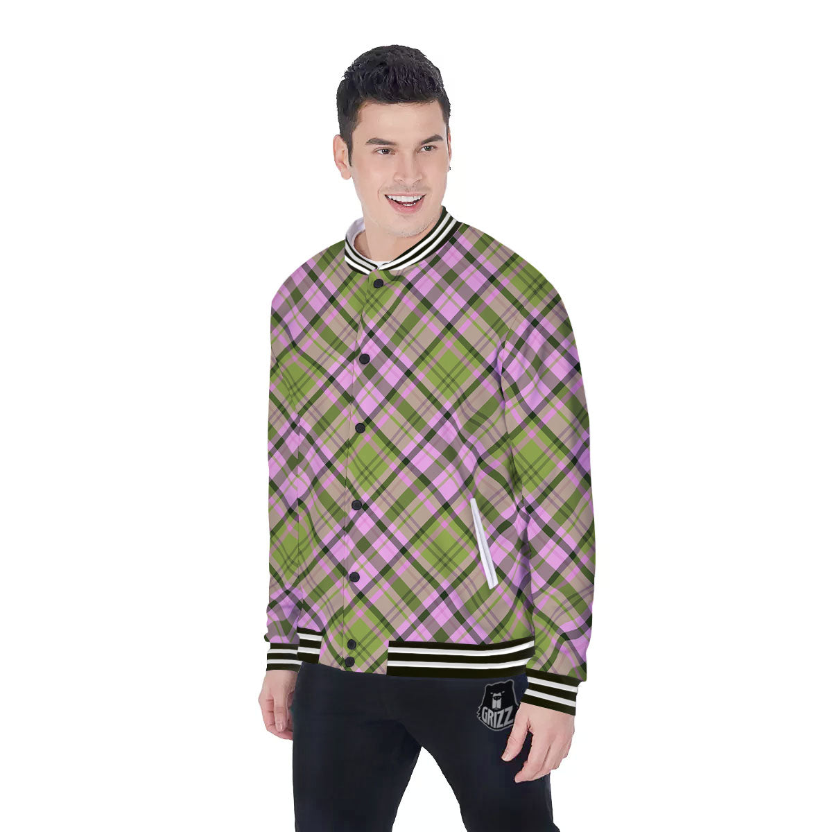 Plaid Green And Pink Print Pattern Baseball Jacket-grizzshop
