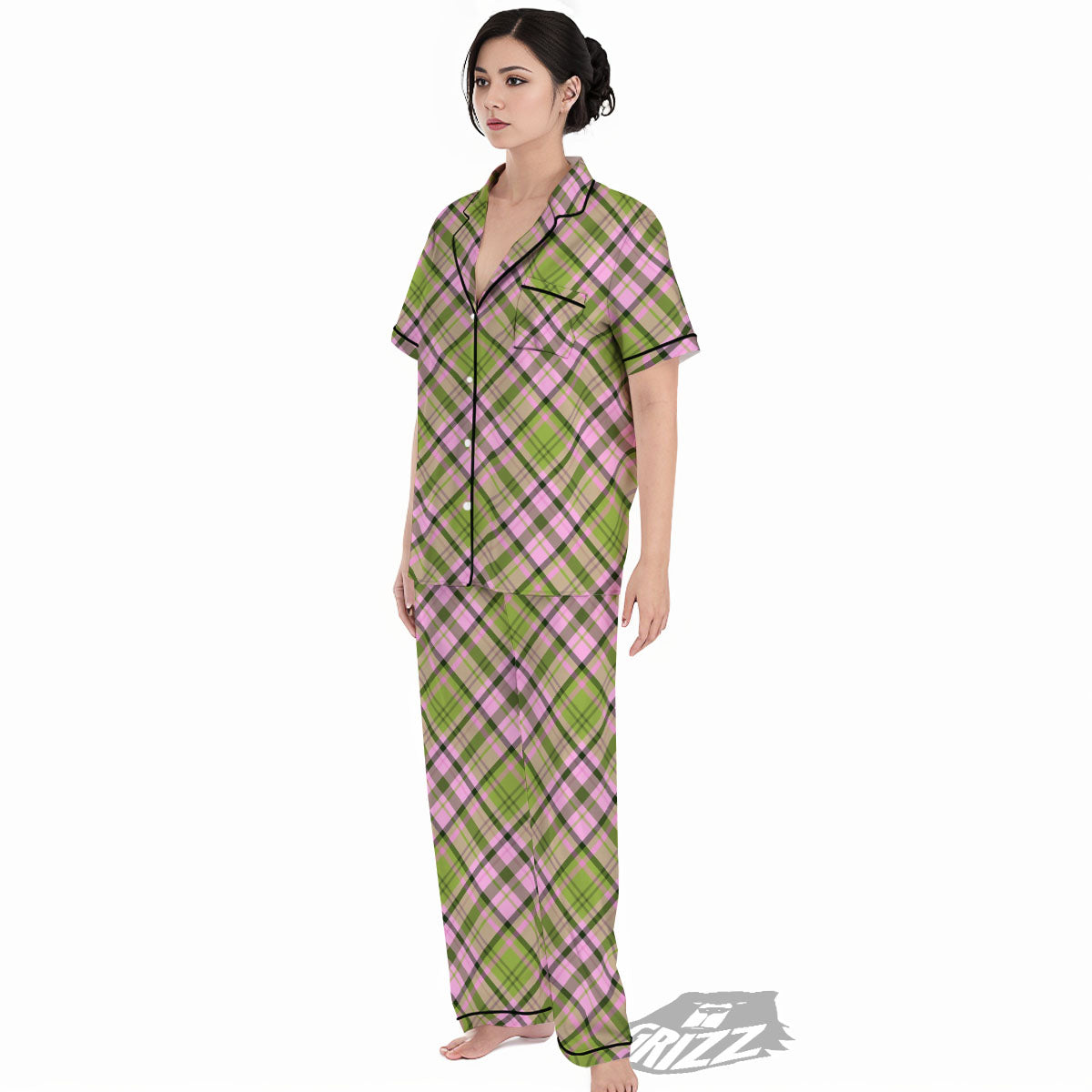 Plaid Green And Pink Print Pattern Women's Pajamas Set-grizzshop