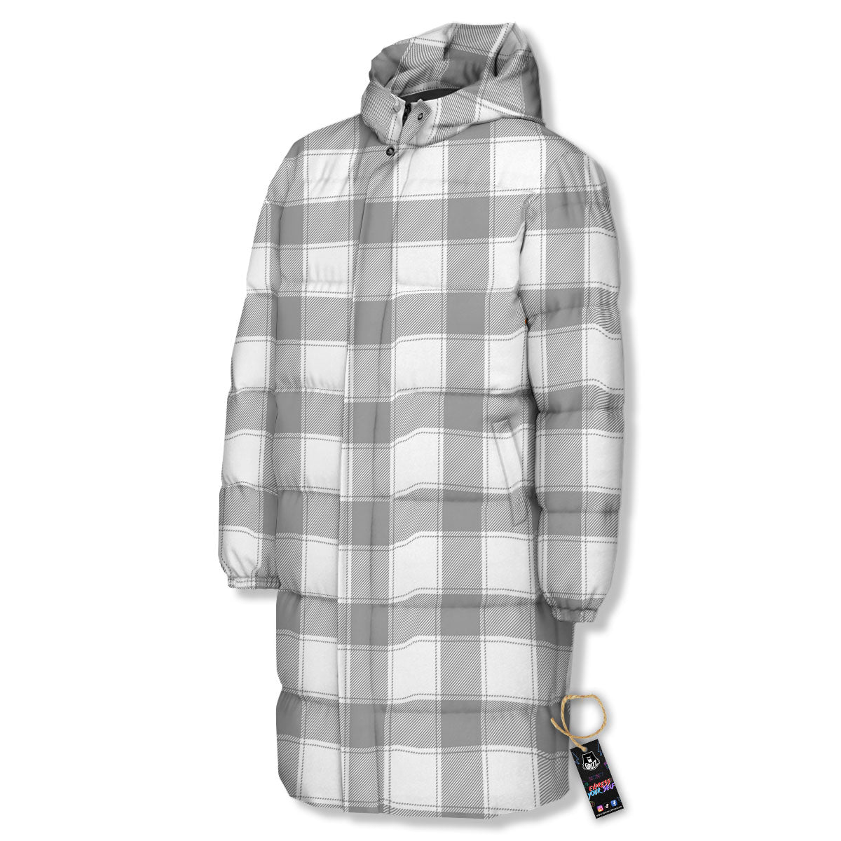 Plaid Grey And White Print Pattern Long Down Jacket-grizzshop