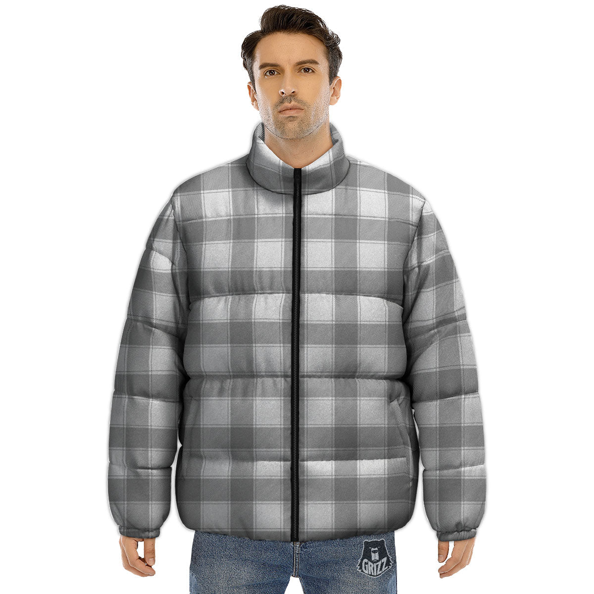 Plaid Grey And White Print Pattern Puffer Jacket-grizzshop
