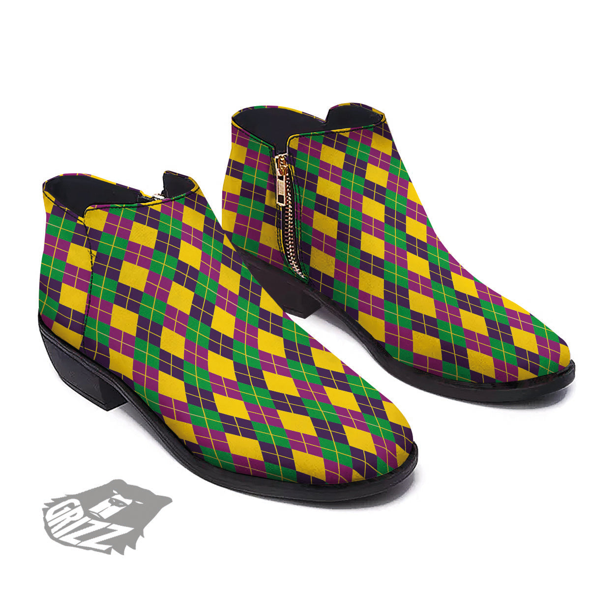 Plaid Mardi Gras Print Pattern Ankle Boots-grizzshop