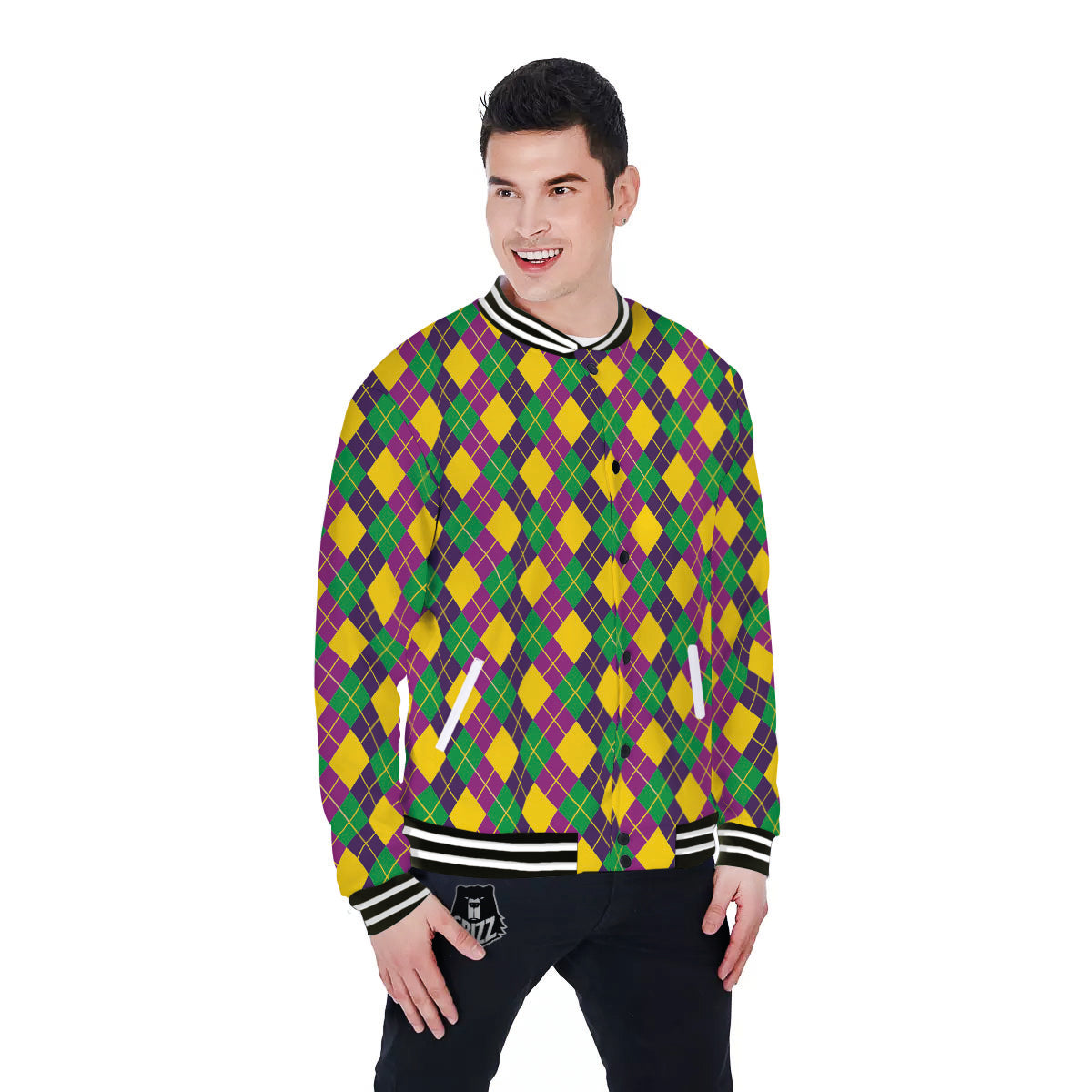 Plaid Mardi Gras Print Pattern Baseball Jacket-grizzshop