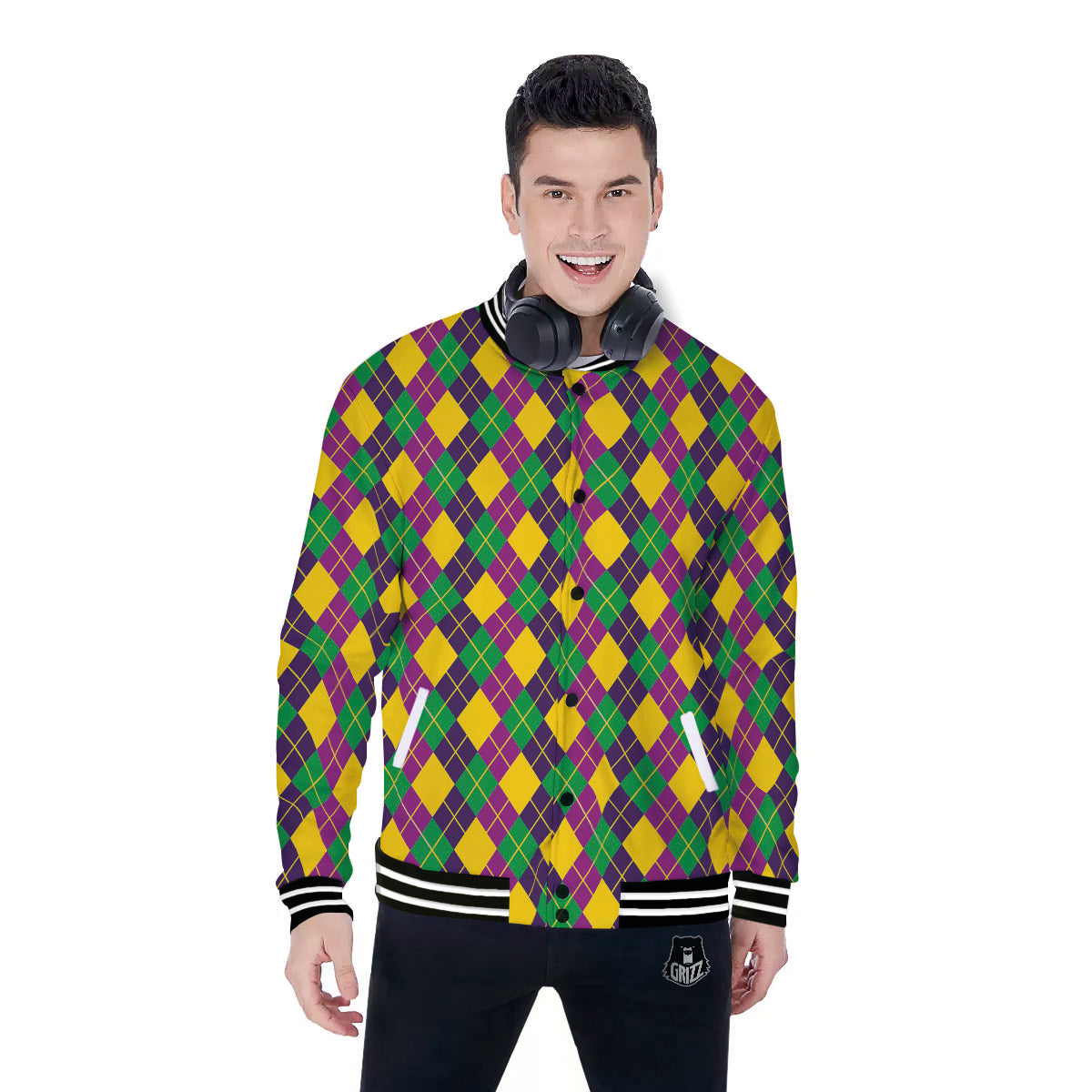 Plaid Mardi Gras Print Pattern Baseball Jacket-grizzshop