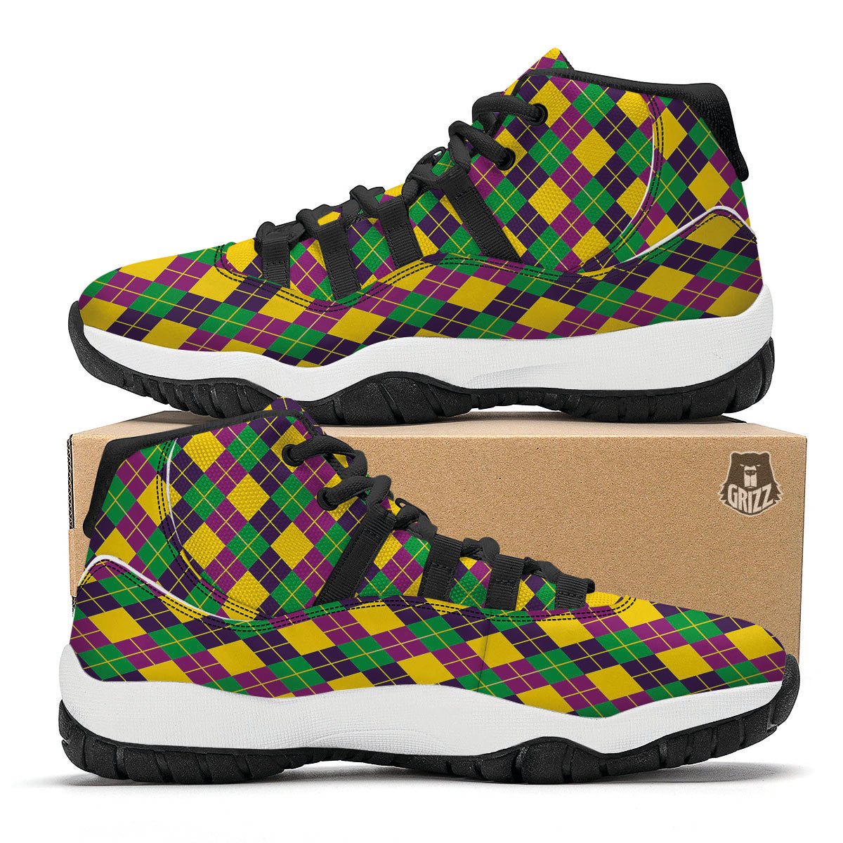 Plaid Mardi Gras Print Pattern Black Bball Shoes-grizzshop