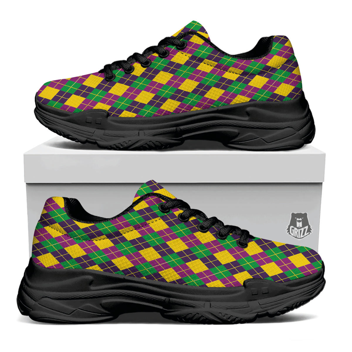 Plaid Mardi Gras Print Pattern Black Chunky Shoes-grizzshop