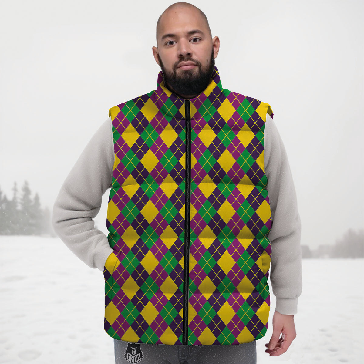Plaid Mardi Gras Print Pattern Down Vest