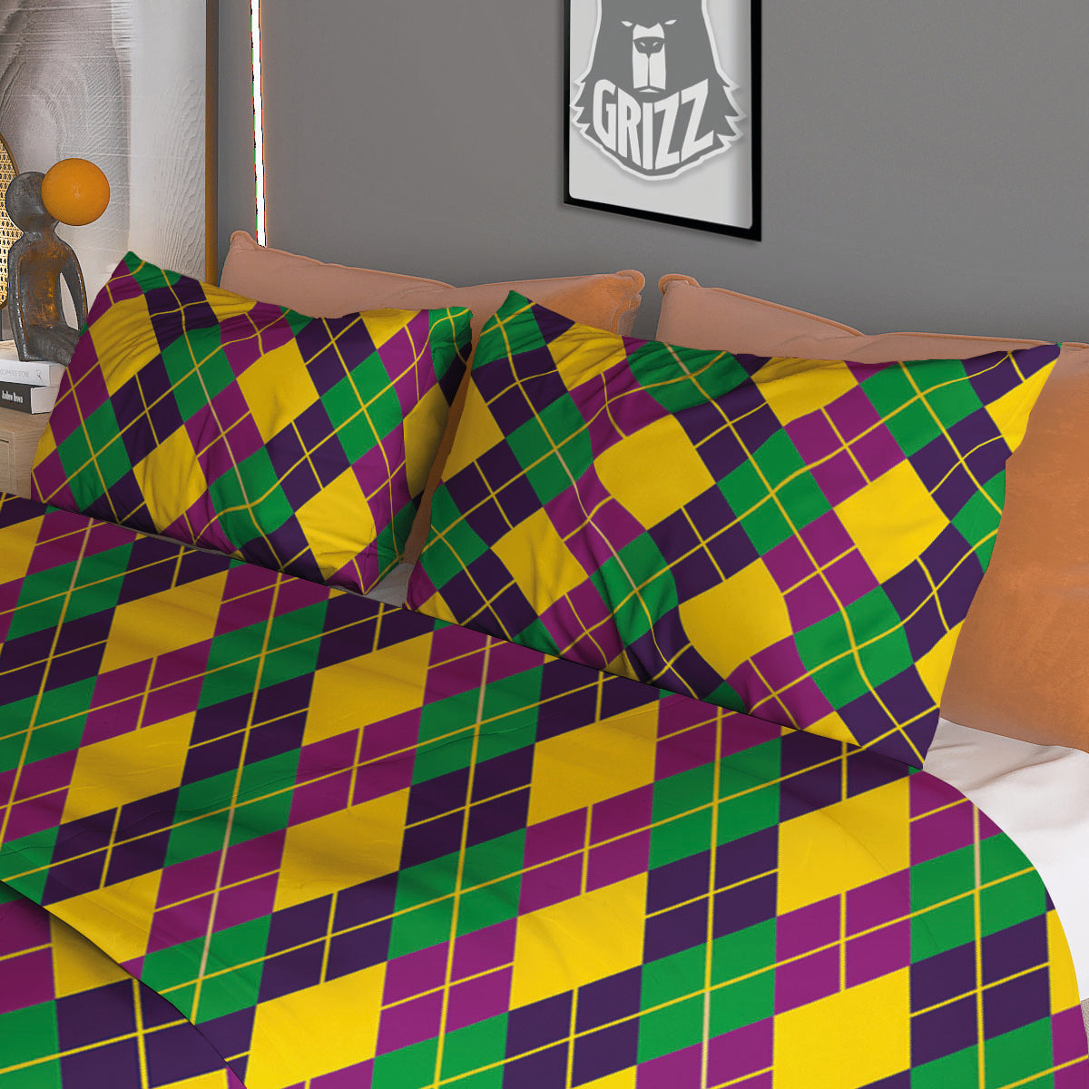 Plaid Mardi Gras Print Pattern Duvet Cover Bedding Set