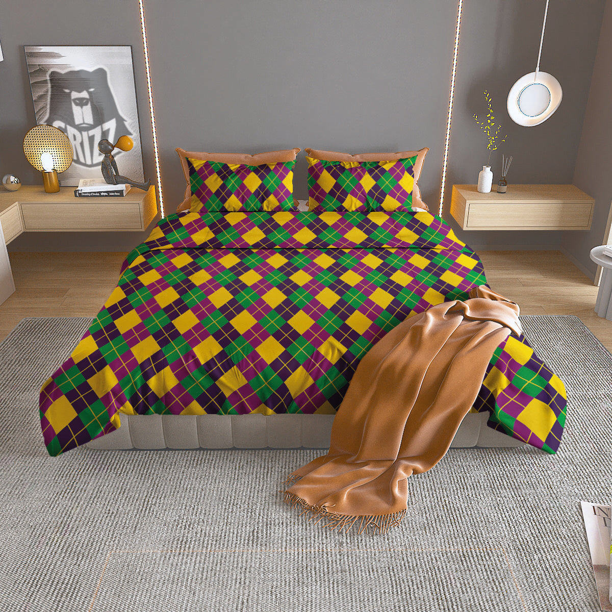 Plaid Mardi Gras Print Pattern Duvet Cover Bedding Set