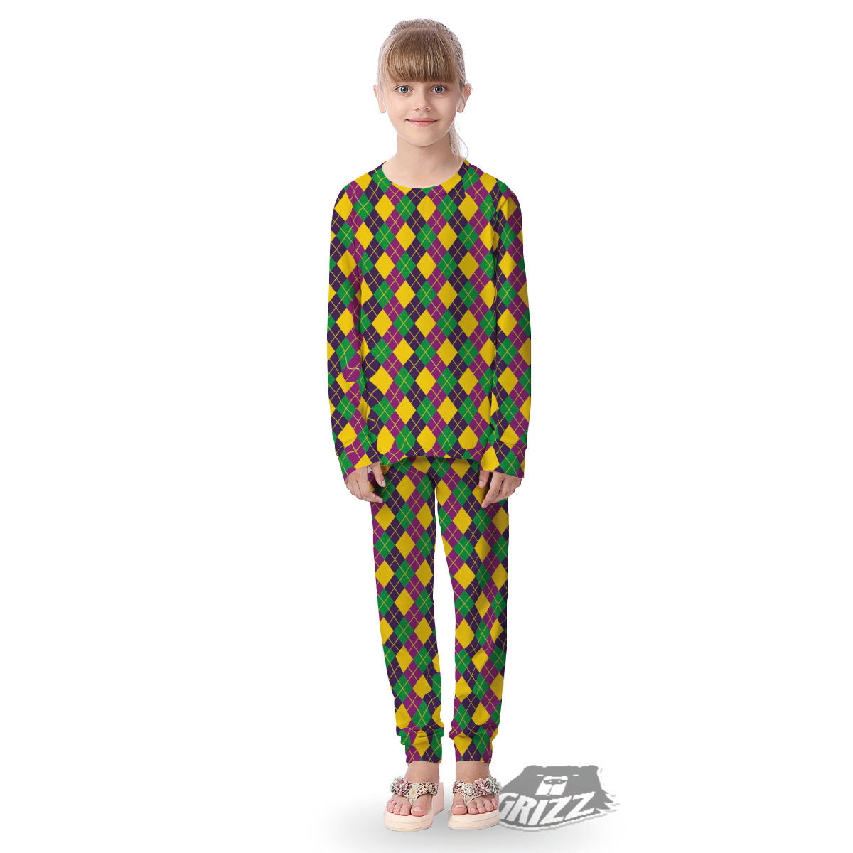 Plaid Mardi Gras Print Pattern Kid's Pajamas-grizzshop