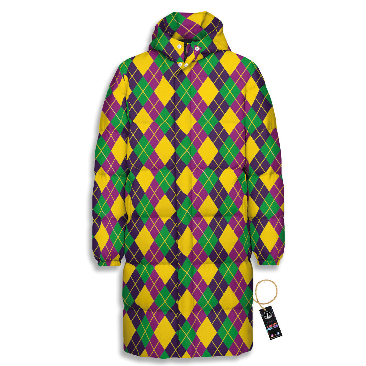 Plaid Mardi Gras Print Pattern Long Down Jacket-grizzshop