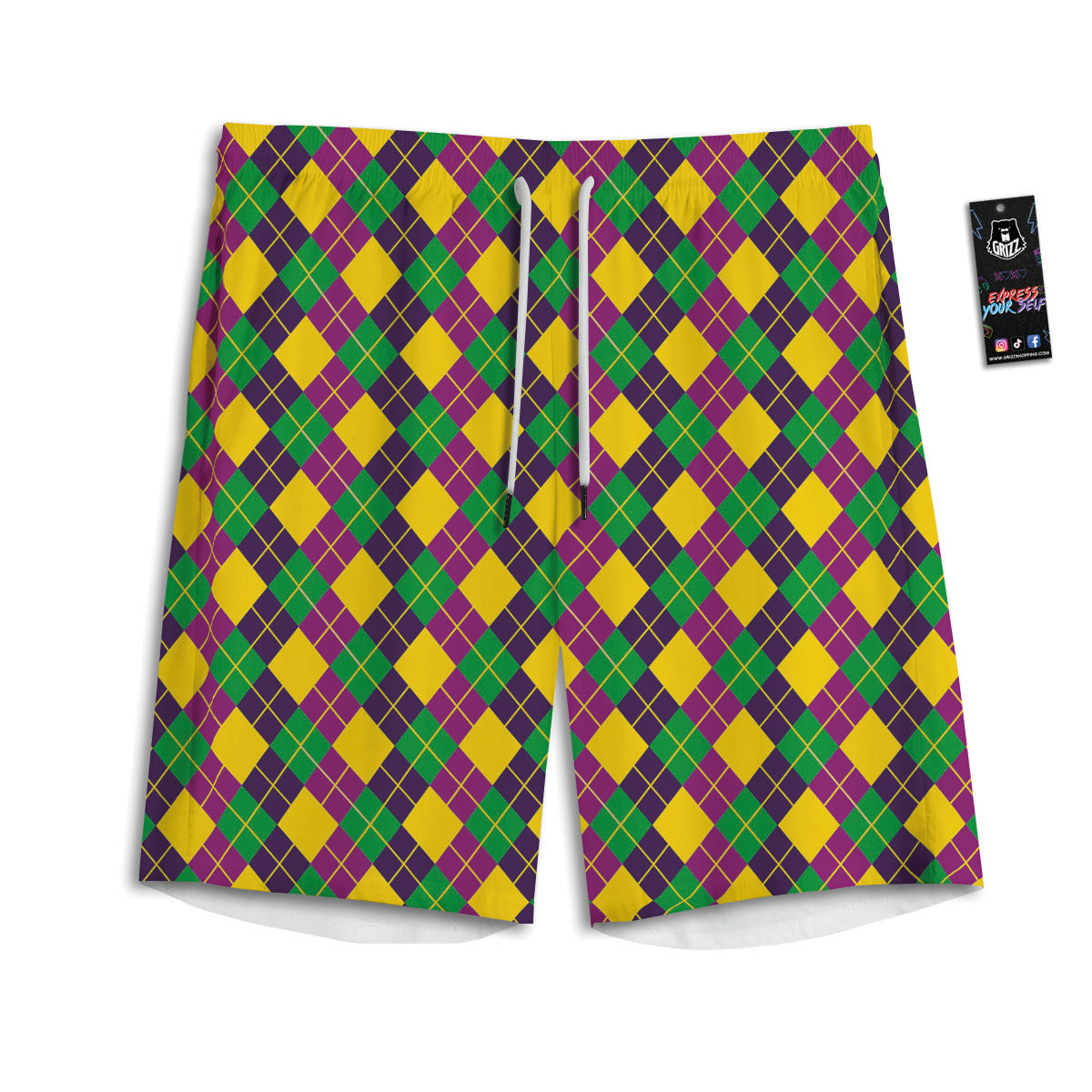 Plaid Mardi Gras Print Pattern Men's Athletic Shorts