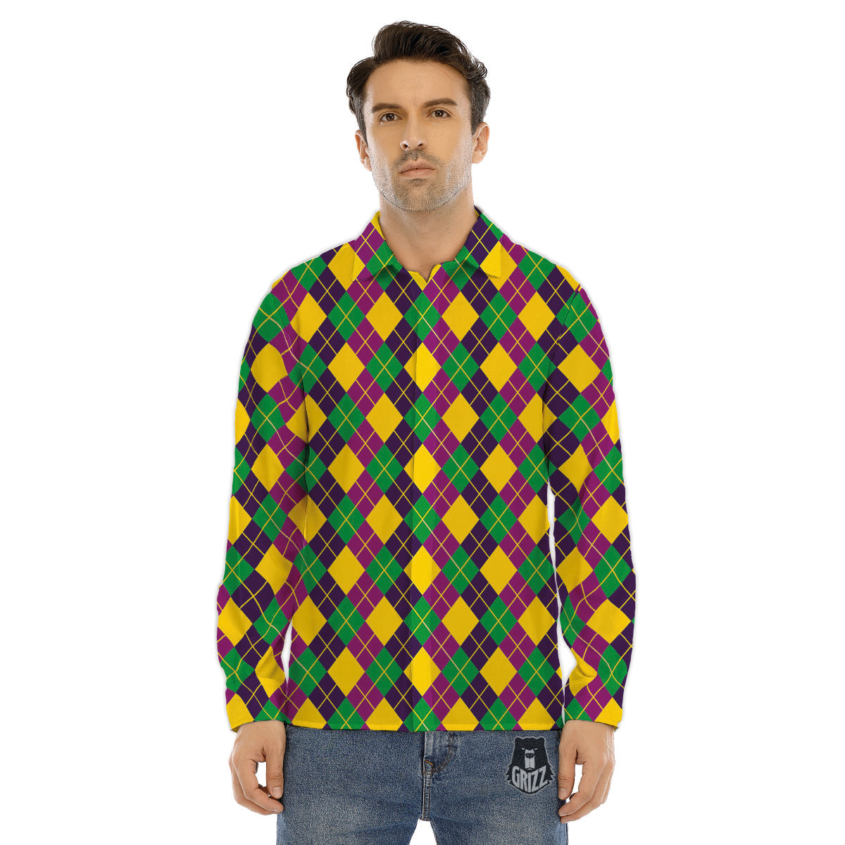 Plaid Mardi Gras Print Pattern Men's Dress Shirts-grizzshop