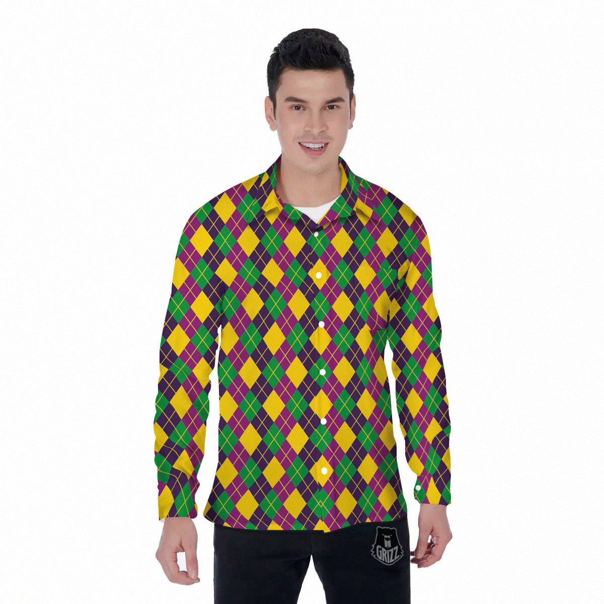 Plaid Mardi Gras Print Pattern Men's Long Sleeve Shirts-grizzshop