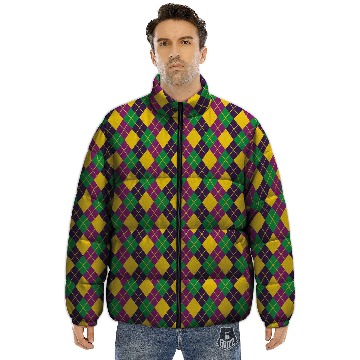 Plaid Mardi Gras Print Pattern Puffer Jacket-grizzshop