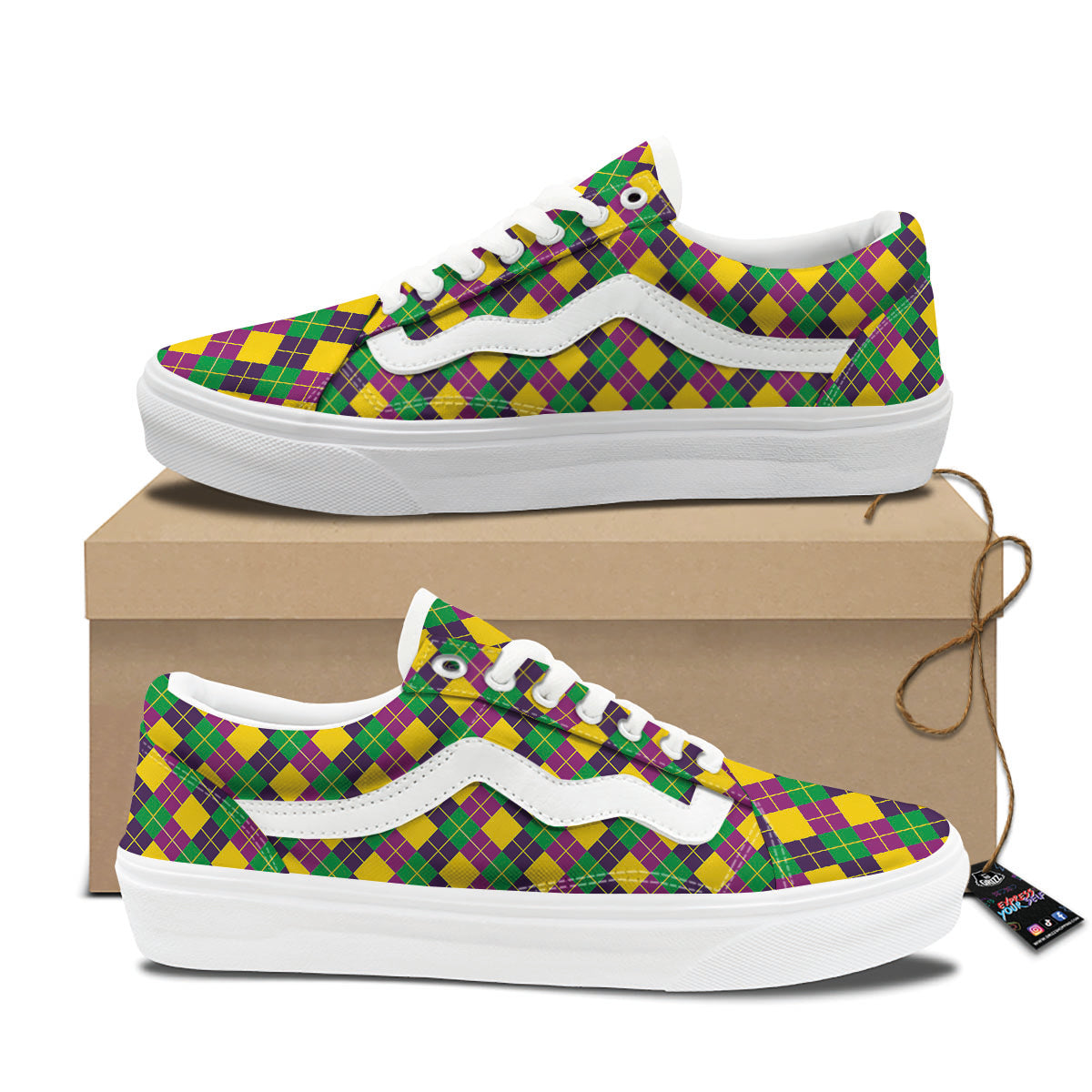 Plaid Mardi Gras Print Pattern Skate Shoes-grizzshop