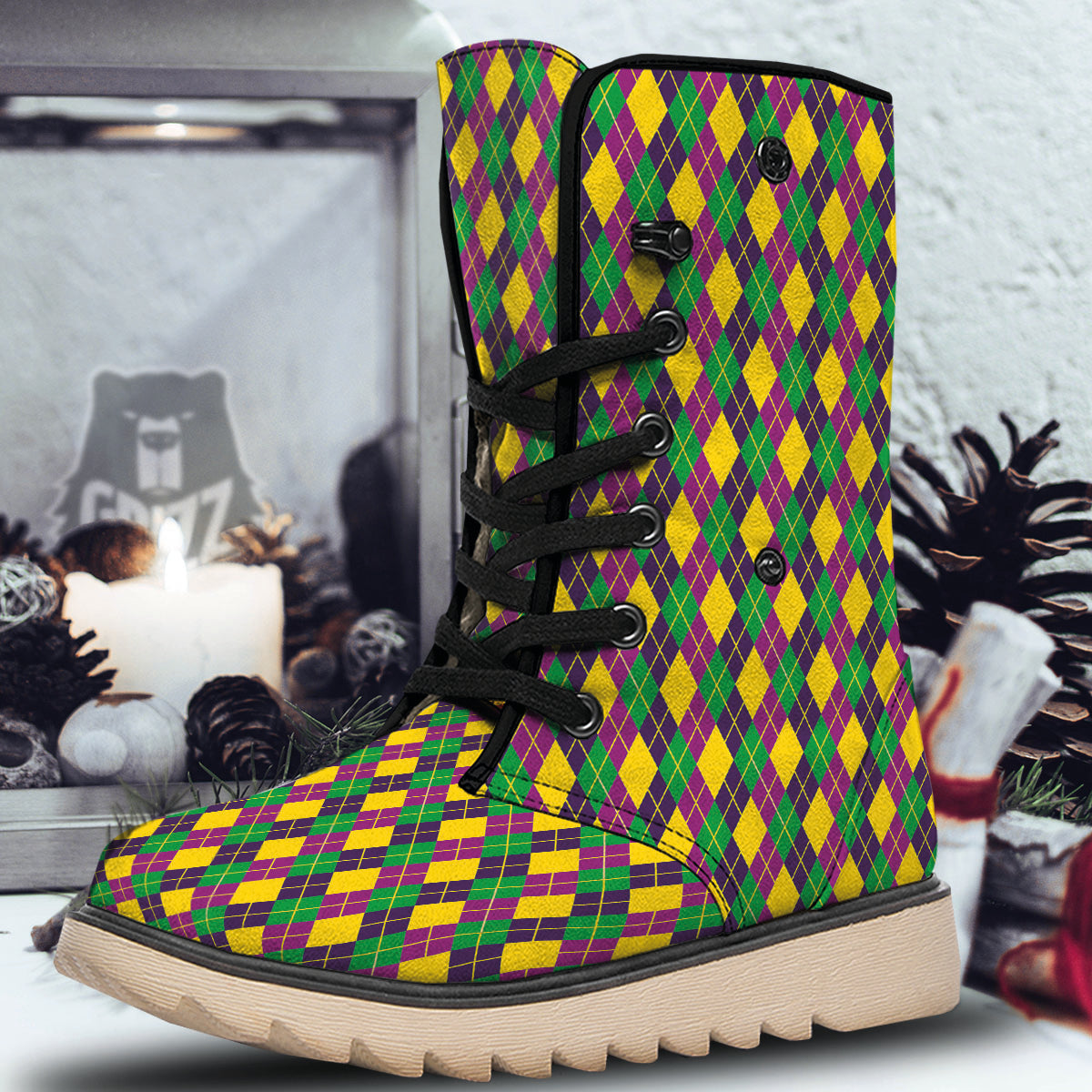 Plaid Mardi Gras Print Pattern Snow Boots-grizzshop