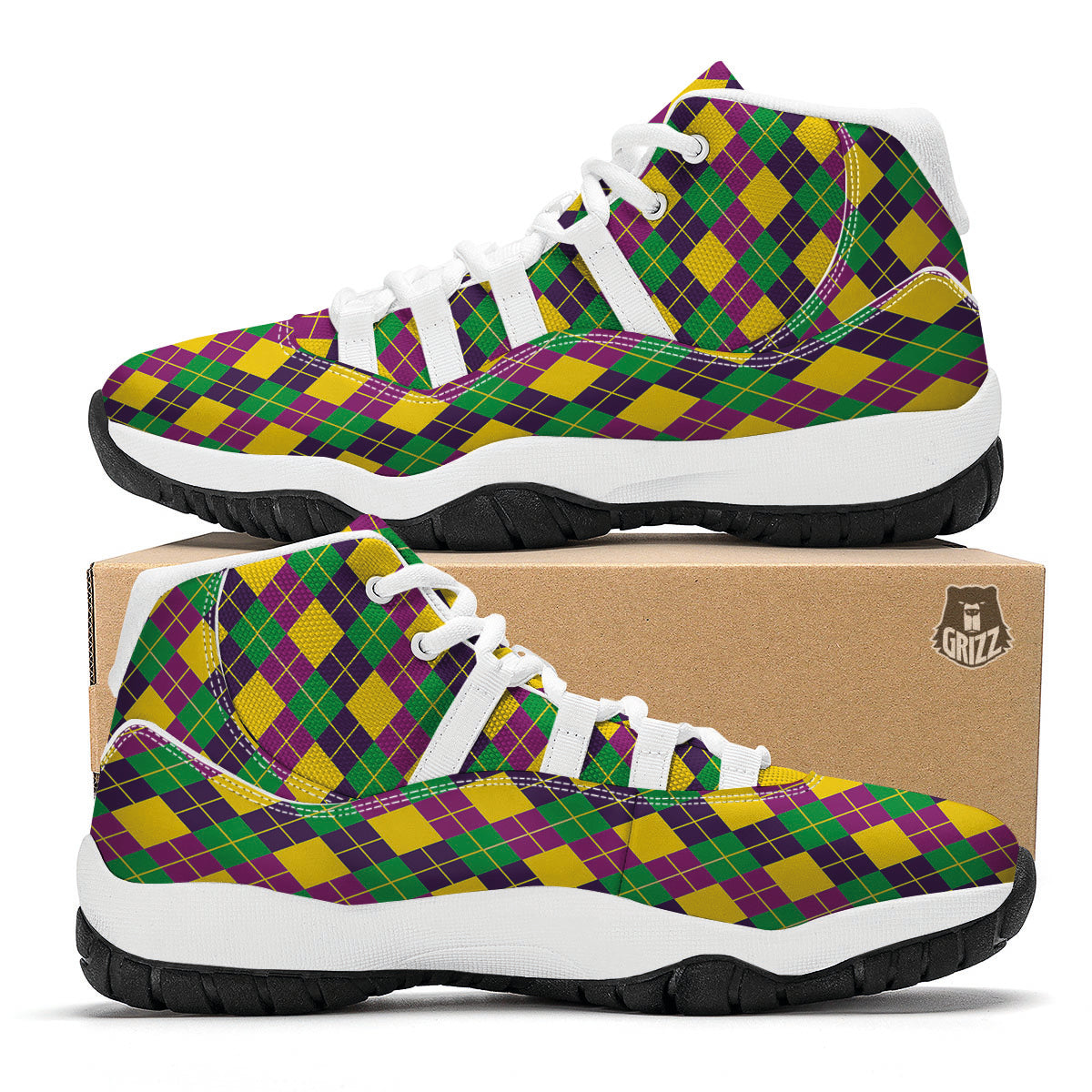 Plaid Mardi Gras Print Pattern White Bball Shoes-grizzshop