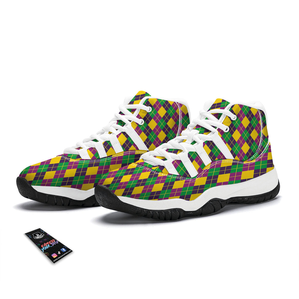 Plaid Mardi Gras Print Pattern White Bball Shoes-grizzshop