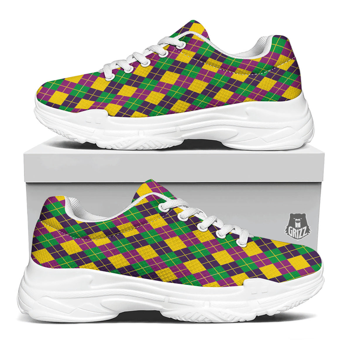 Plaid Mardi Gras Print Pattern White Chunky Shoes-grizzshop