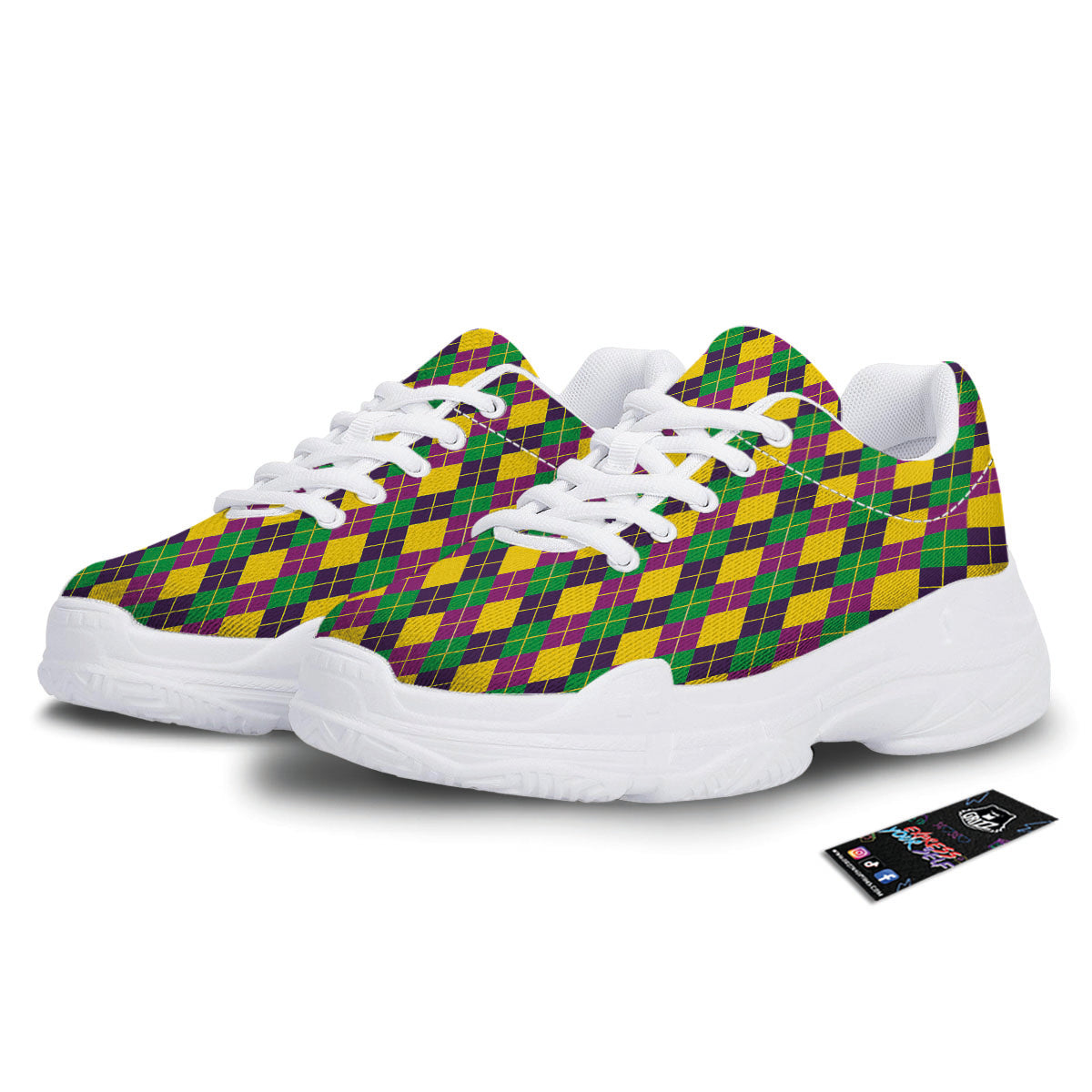 Plaid Mardi Gras Print Pattern White Chunky Shoes-grizzshop