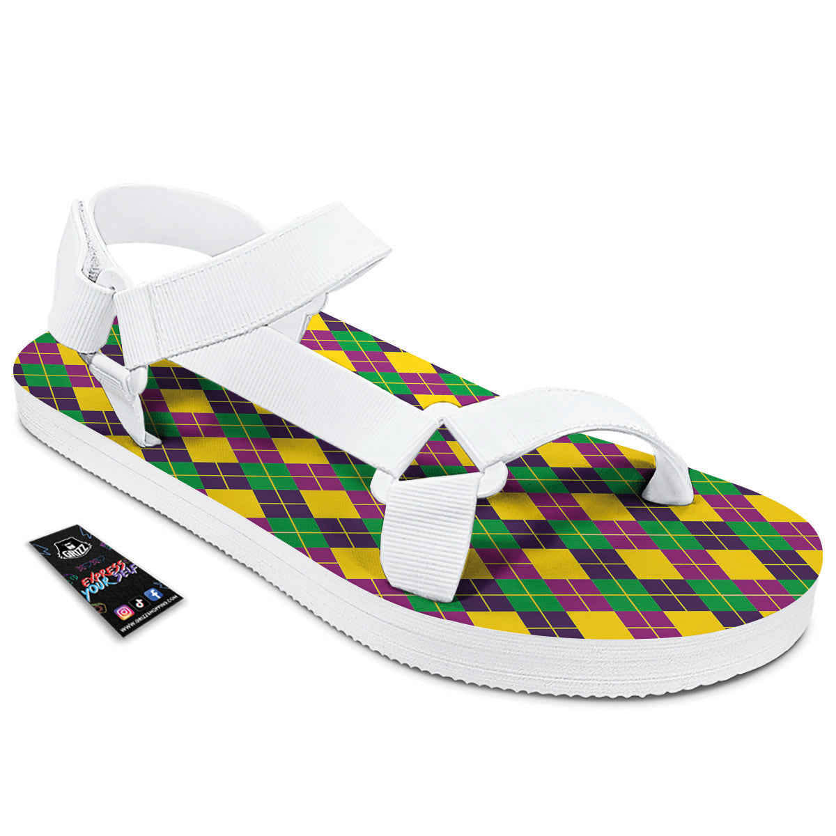 Plaid Mardi Gras Print Pattern White Open Toe Sandals-grizzshop