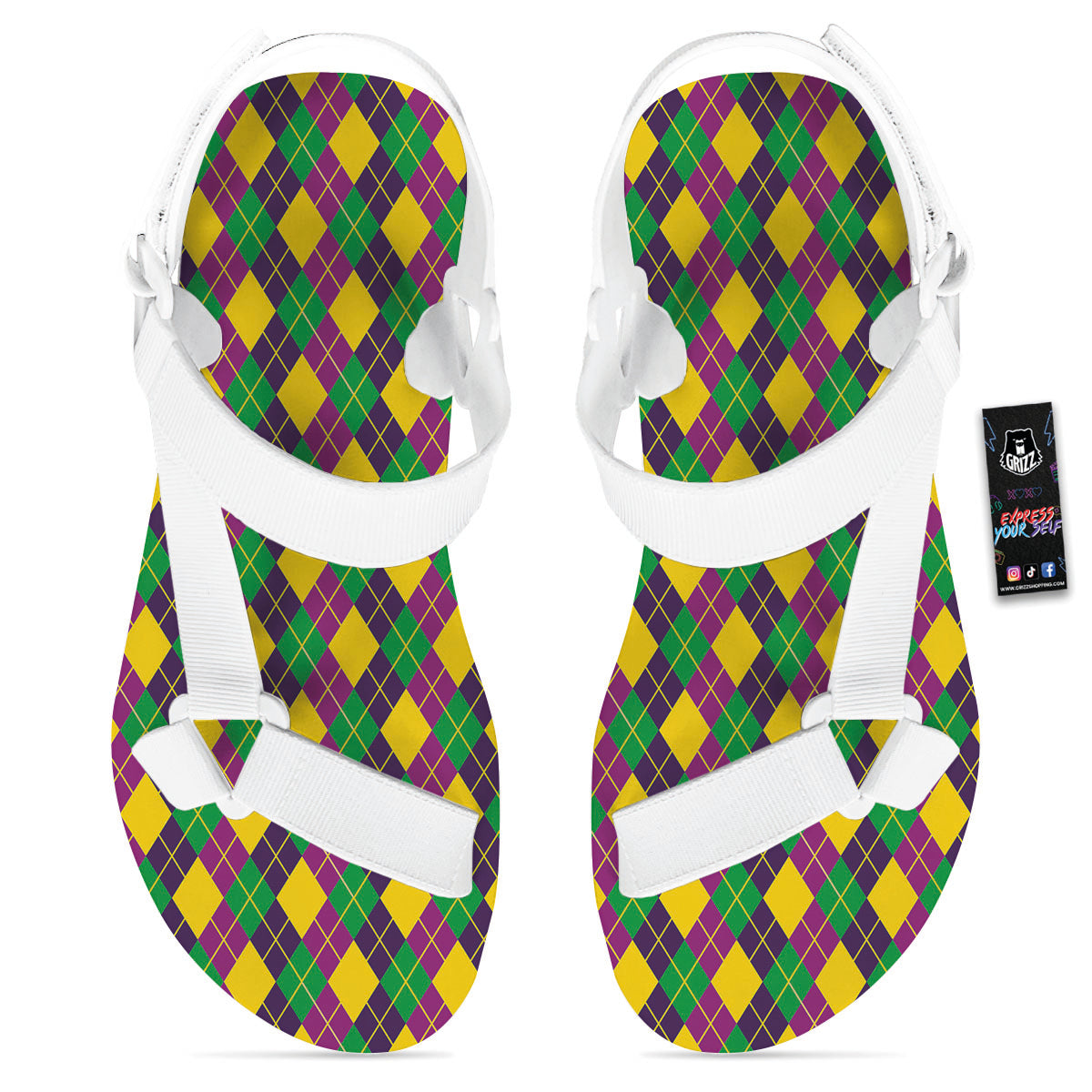 Plaid Mardi Gras Print Pattern White Open Toe Sandals-grizzshop