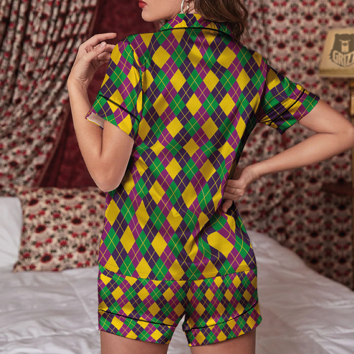 Plaid Mardi Gras Print Pattern Women Silk Pajamas-grizzshop