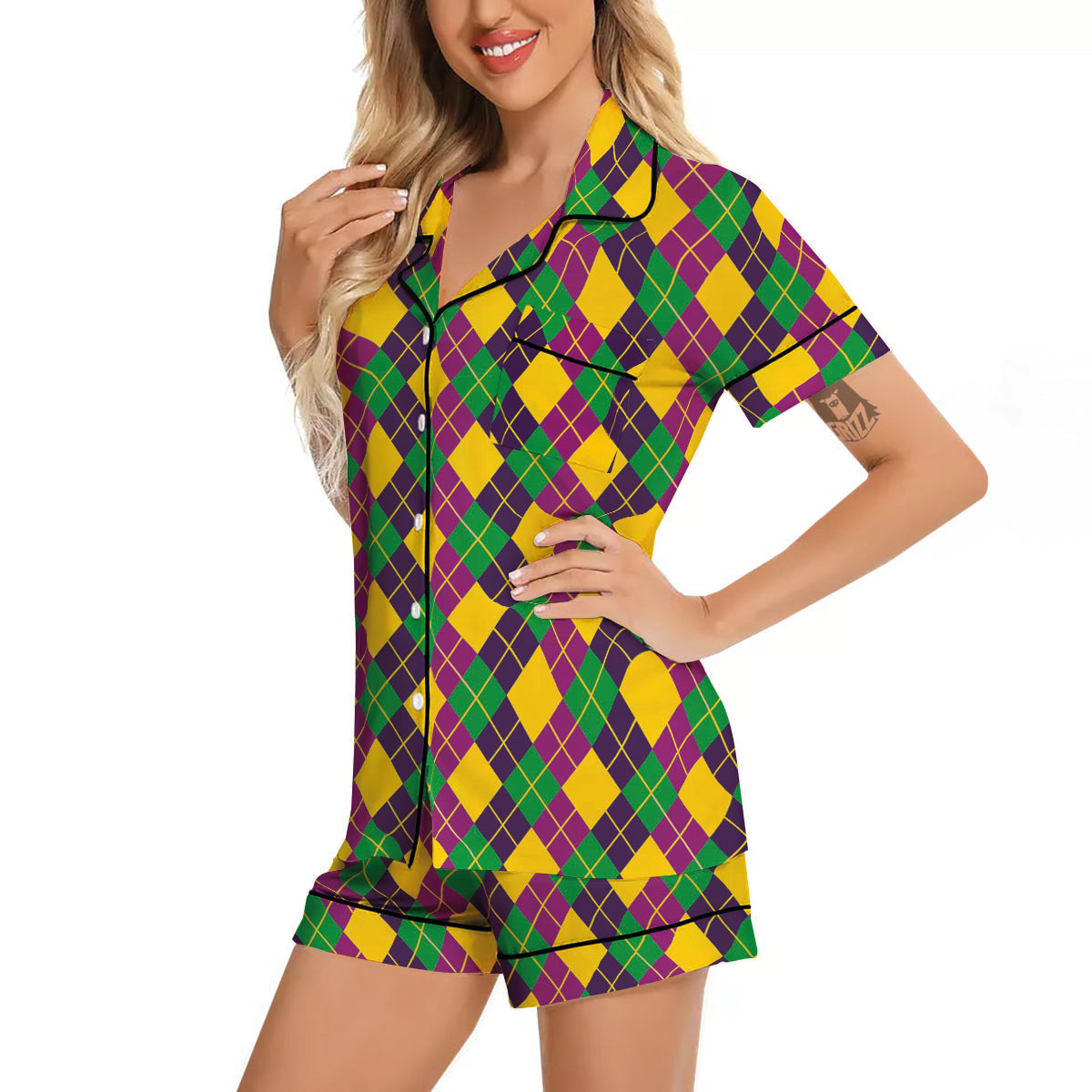 Plaid Mardi Gras Print Pattern Women Silk Pajamas-grizzshop
