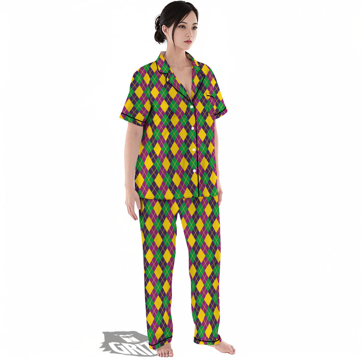 Plaid Mardi Gras Print Pattern Women's Pajamas Set-grizzshop