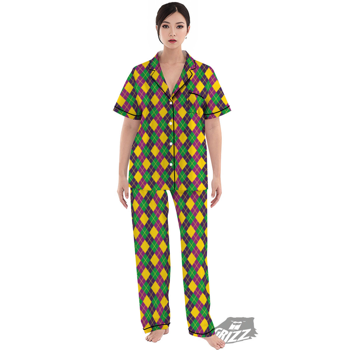 Plaid Mardi Gras Print Pattern Women's Pajamas Set-grizzshop