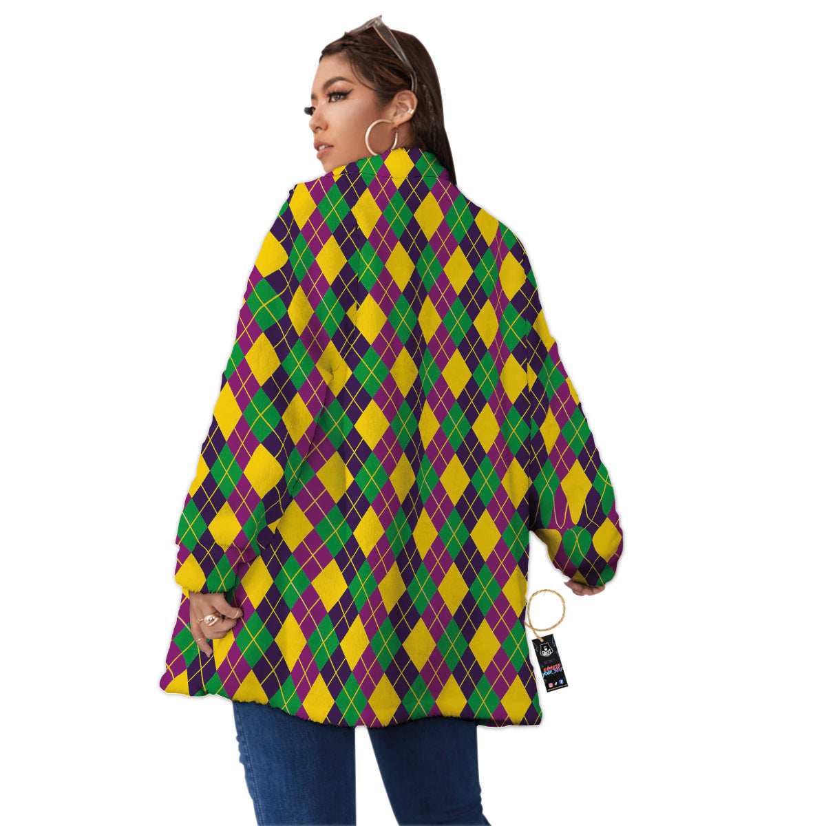 Plaid Mardi Gras Print Pattern Women's Sherpa Jacket-grizzshop