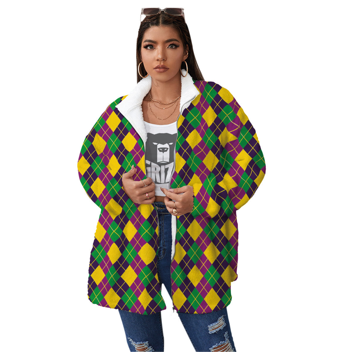 Plaid Mardi Gras Print Pattern Women's Sherpa Jacket-grizzshop