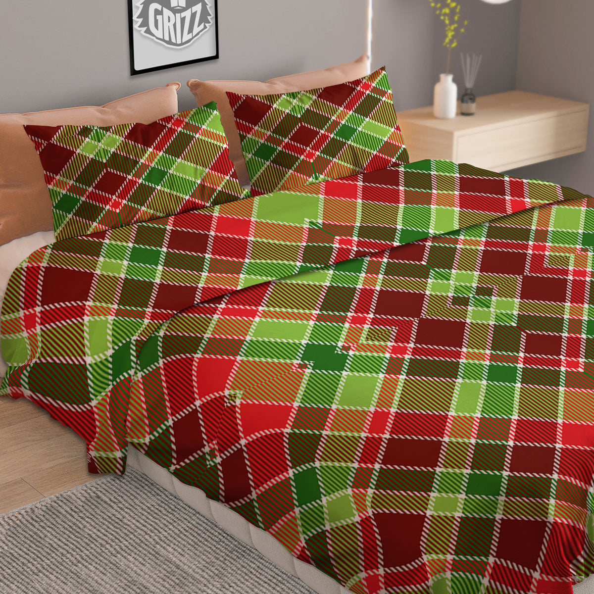 Plaid Merry Christmas Print Pattern Duvet Cover Bedding Set