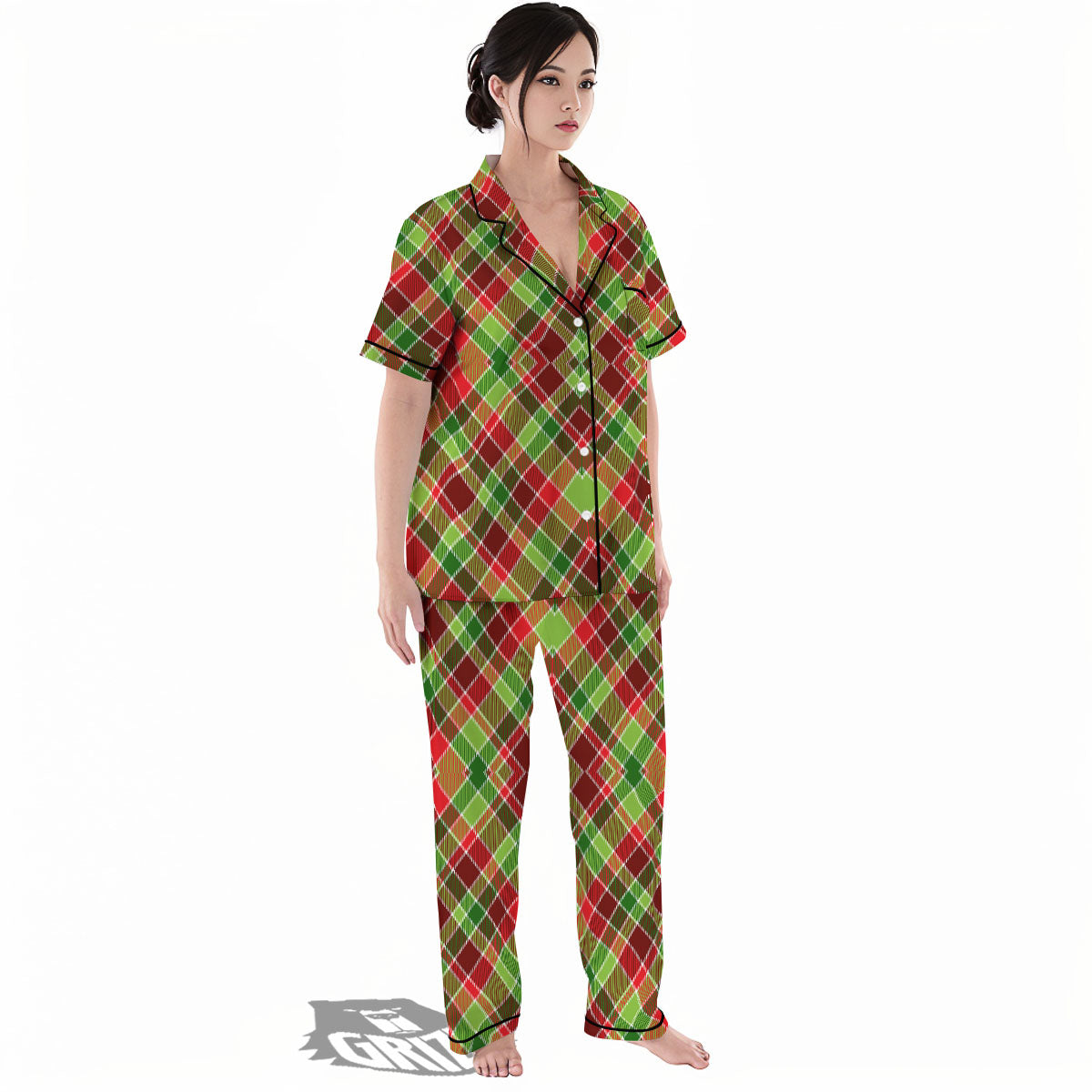 Plaid Merry Christmas Print Pattern Women's Pajamas Set-grizzshop