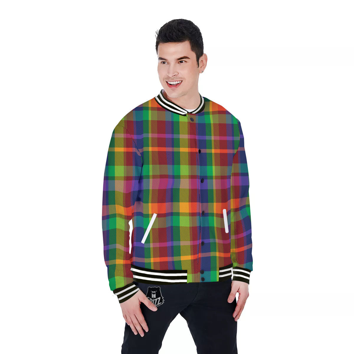 Plaid Rainbow Print Pattern Baseball Jacket-grizzshop
