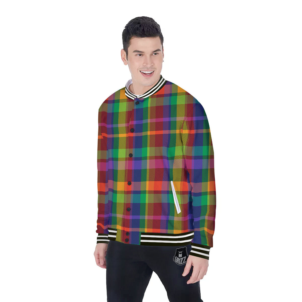 Plaid Rainbow Print Pattern Baseball Jacket-grizzshop