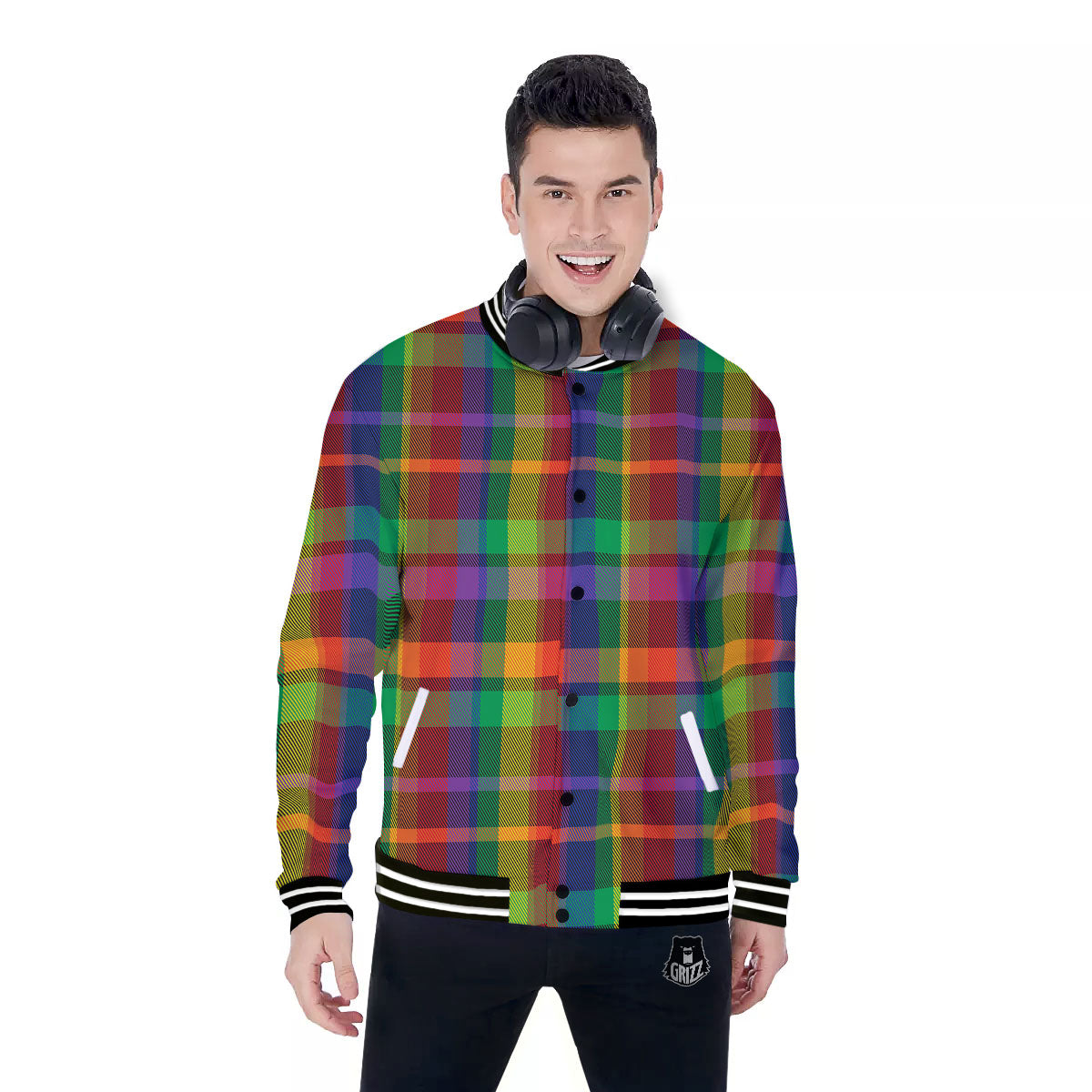 Plaid Rainbow Print Pattern Baseball Jacket-grizzshop