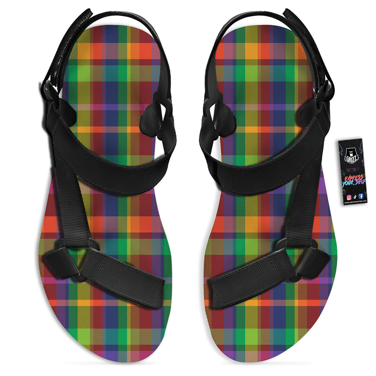 Plaid Rainbow Print Pattern Black Open Toe Sandals-grizzshop