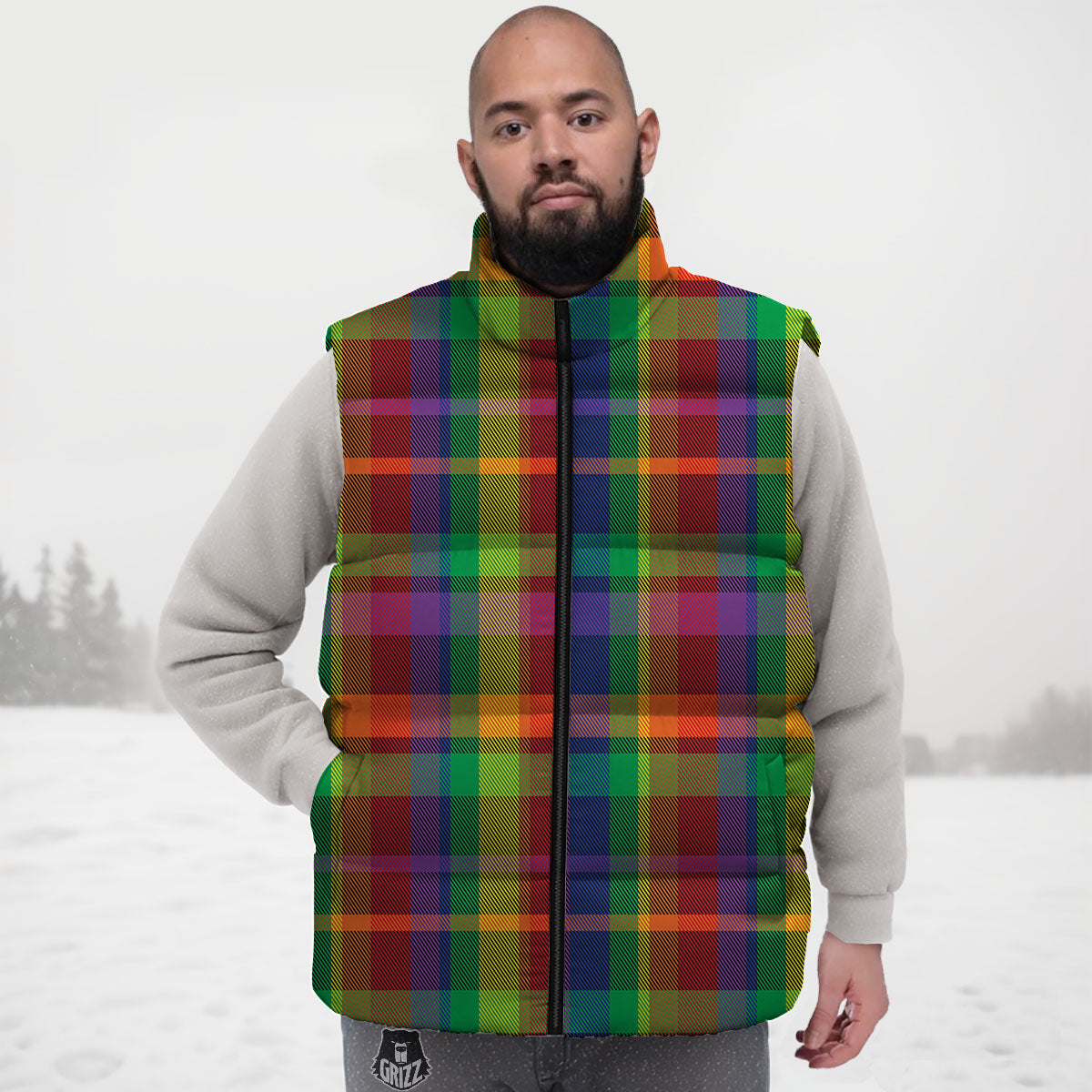 Plaid Rainbow Print Pattern Down Vest